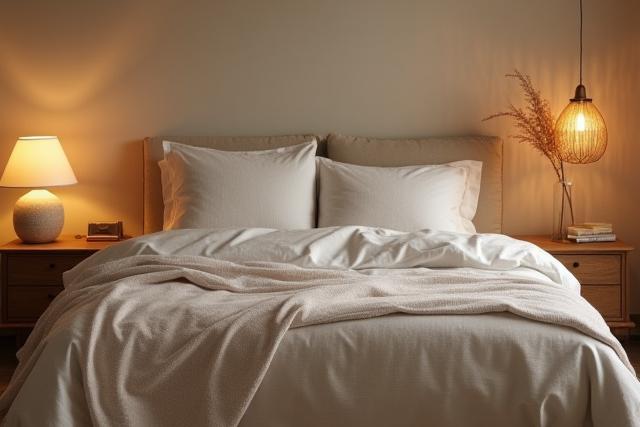 Serene, dimly lit bedroom with natural textures and comfortable bedding